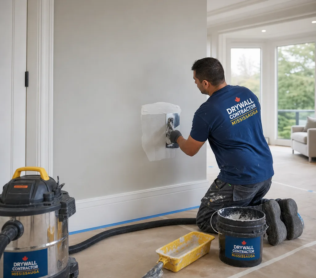 Technician applying joint compound to a protected wall patch in a finished Mississauga home